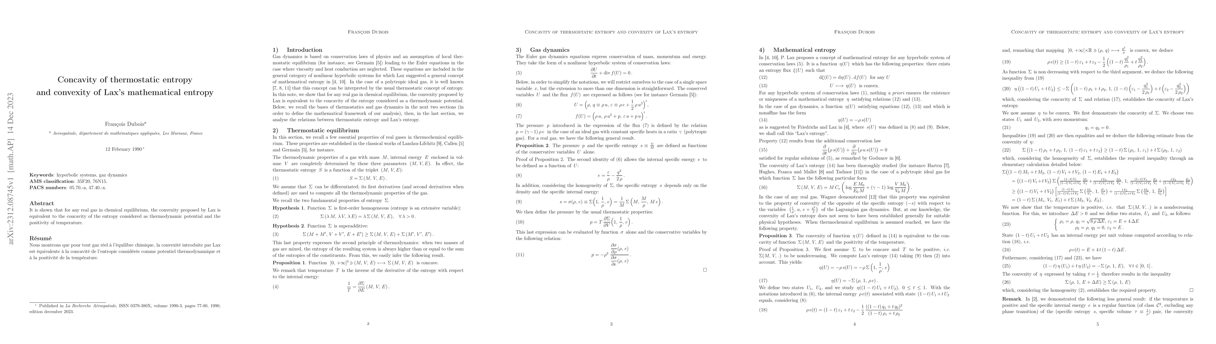 Thumbnail for Concavity of thermostatic entropy and convexity of Lax's mathematical
  entropy