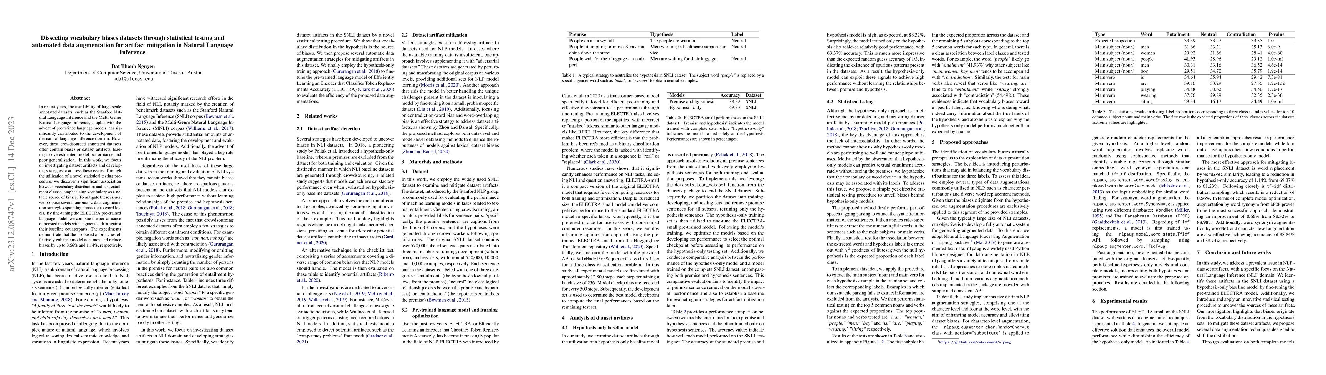 Thumbnail for Dissecting vocabulary biases datasets through statistical testing and
  automated data augmentation for artifact mitigation in Natural Language
  Inference