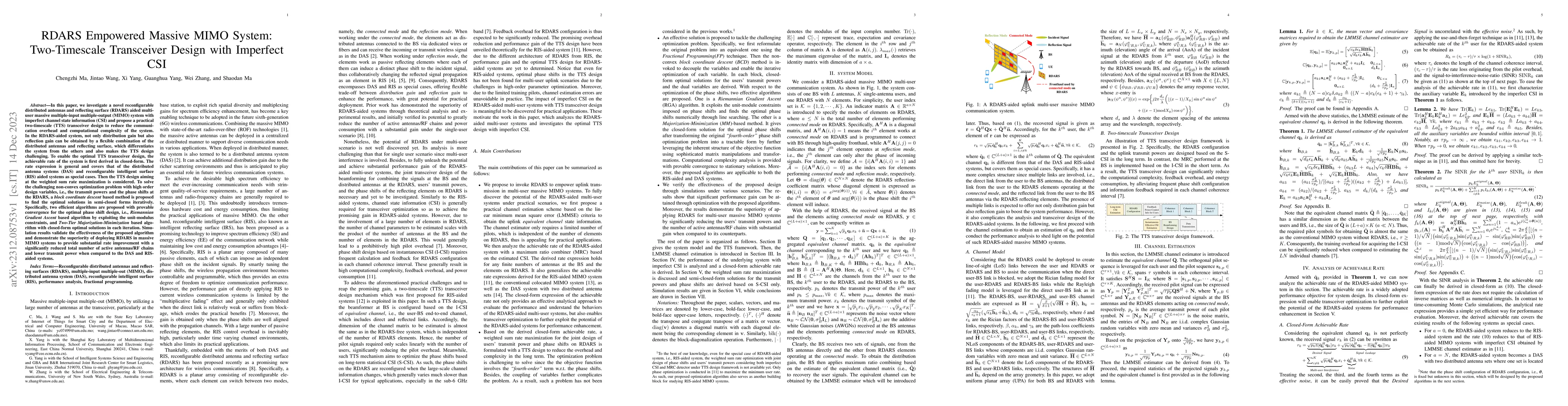 Thumbnail for RDARS Empowered Massive MIMO System: Two-Timescale Transceiver Design
  with Imperfect CSI