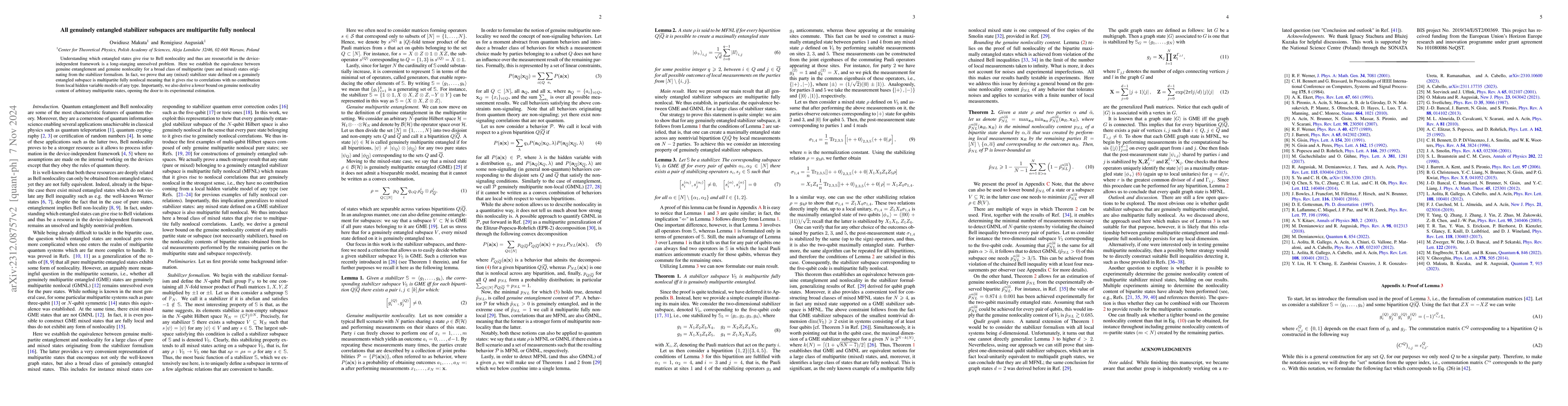 Thumbnail for All genuinely entangled stabilizer subspaces are multipartite fully
  nonlocal