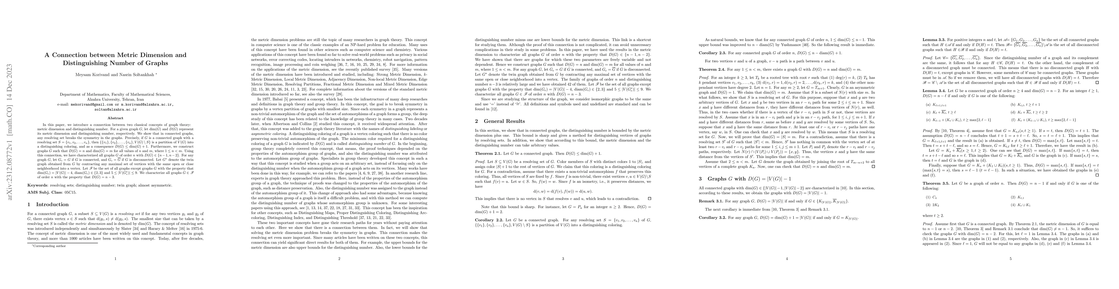 Thumbnail for A Connection between Metric Dimension and Distinguishing Number of
  Graphs