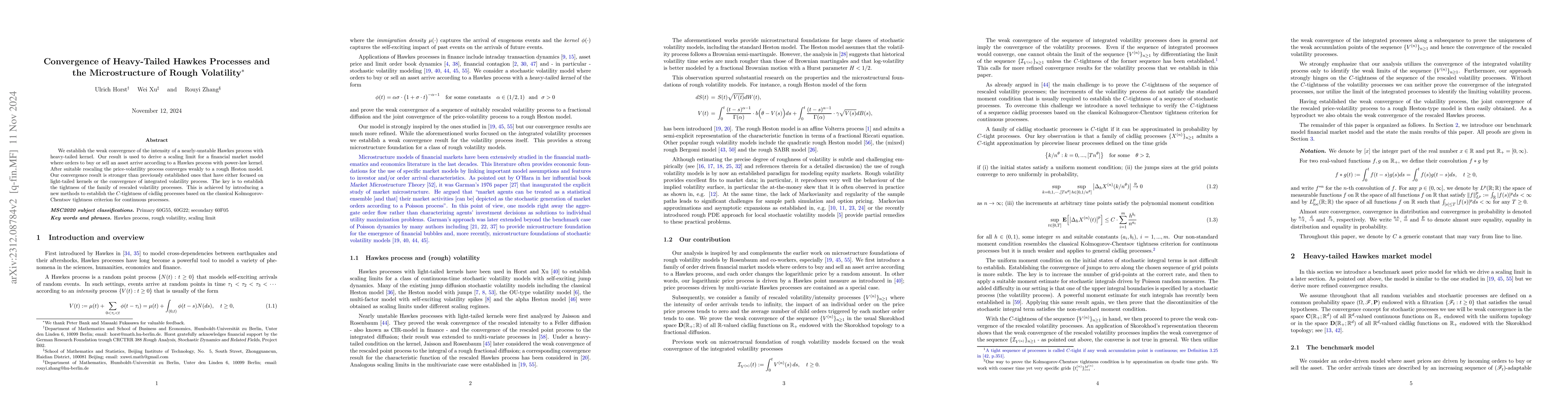 Thumbnail for Convergence of Heavy-Tailed Hawkes Processes and the Microstructure of
  Rough Volatility