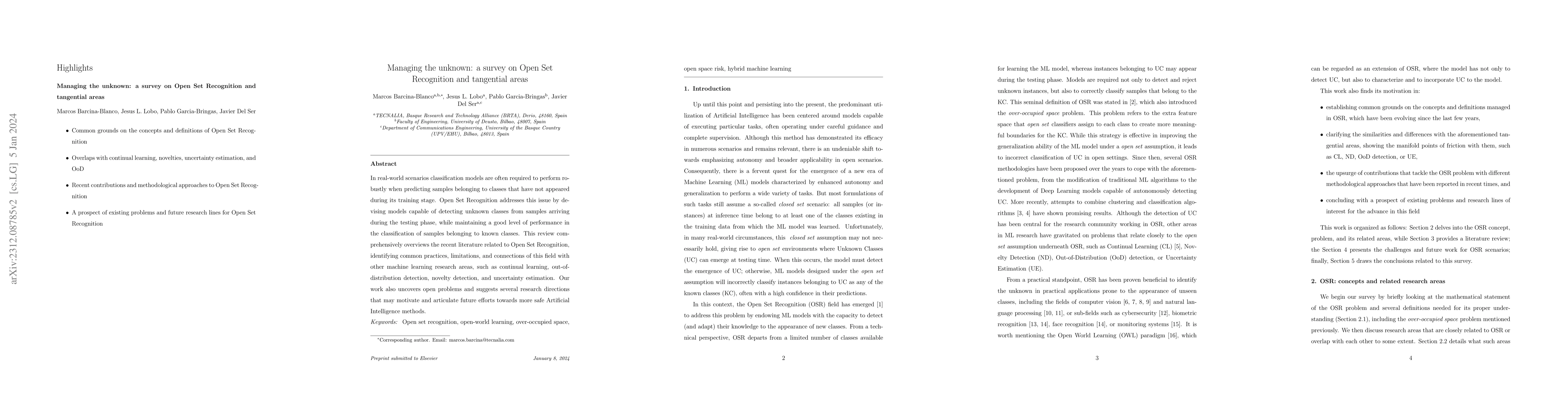 Thumbnail for Managing the unknown: a survey on Open Set Recognition and tangential
  areas