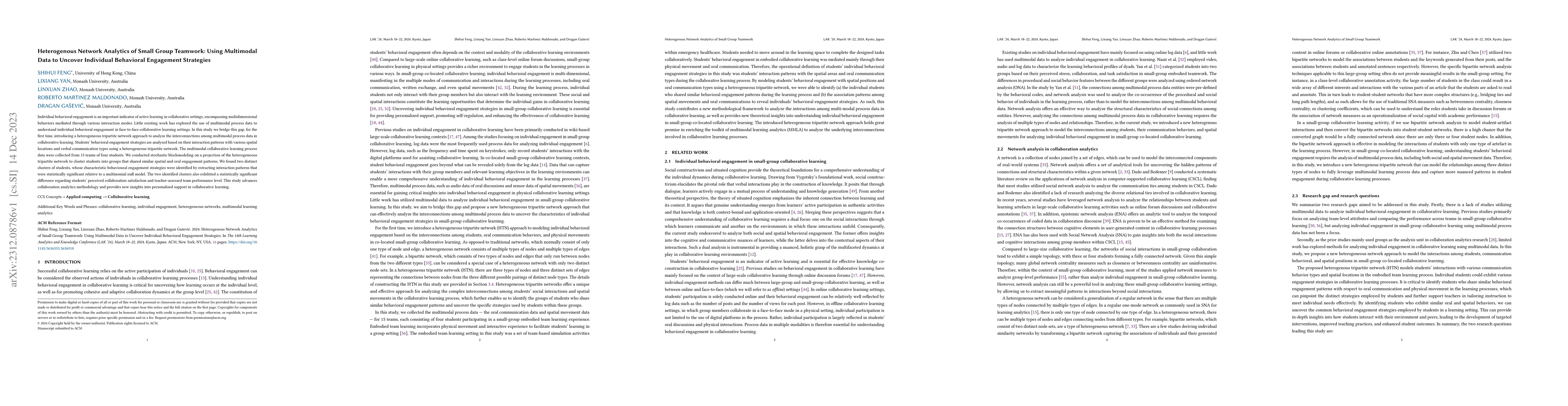 Thumbnail for Heterogenous Network Analytics of Small Group Teamwork: Using Multimodal
  Data to Uncover Individual Behavioral Engagement Strategies