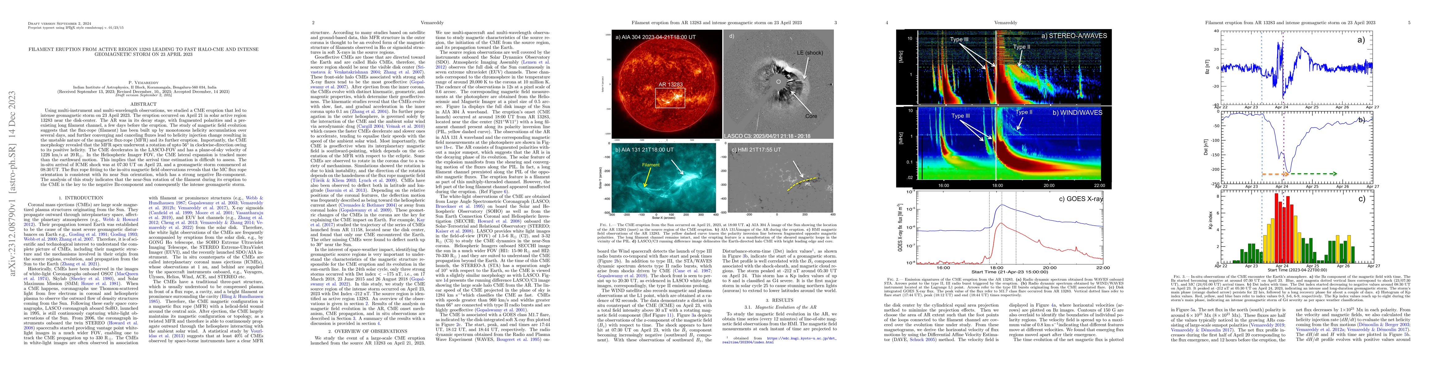 Thumbnail for Filament eruption from active region 13283 leading to fast halo-CME and
  intense geomagnetic storm on 23 April 2023
