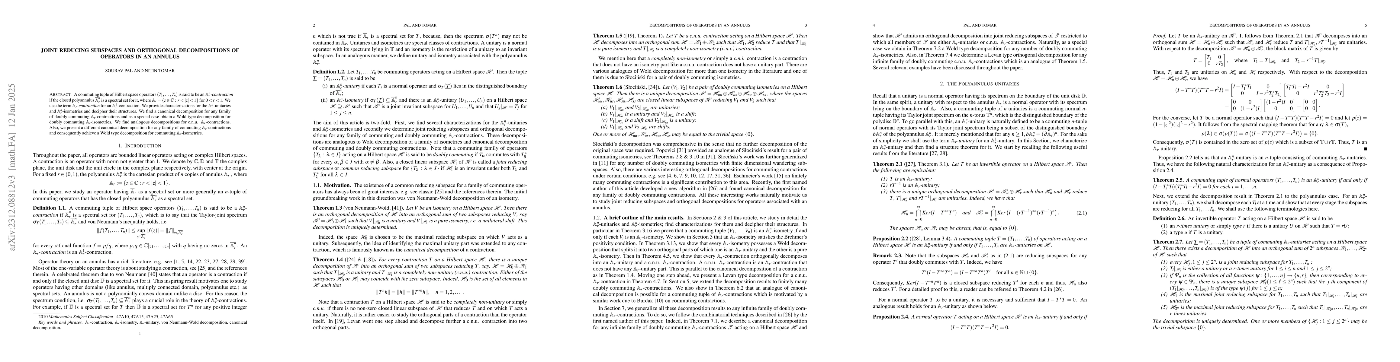 Thumbnail for Joint reducing subspaces and orthogonal decompositions of operators in
  an annulus