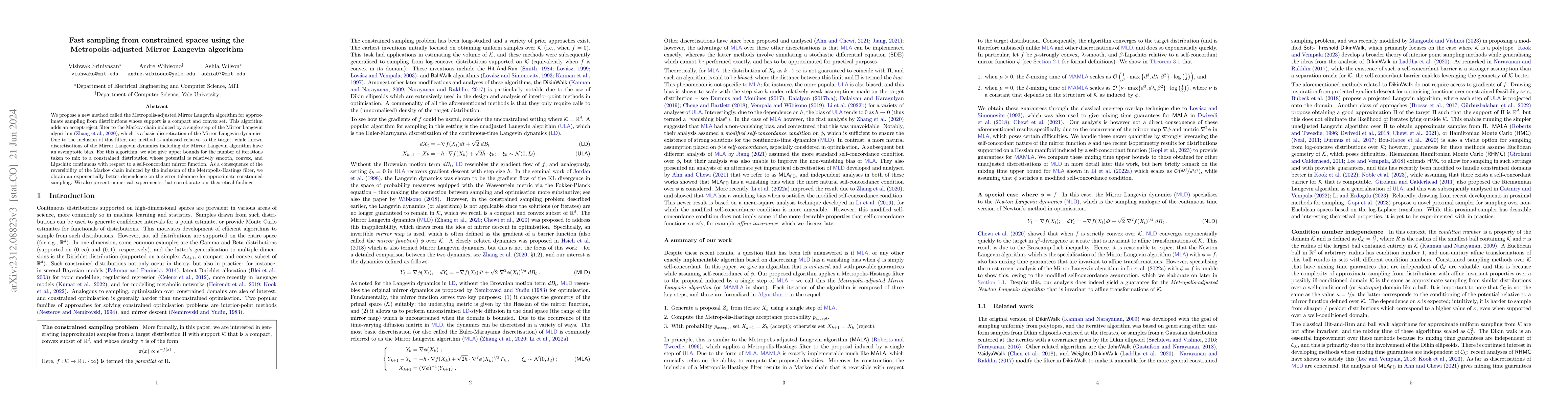 Thumbnail for Fast sampling from constrained spaces using the Metropolis-adjusted
  Mirror Langevin algorithm