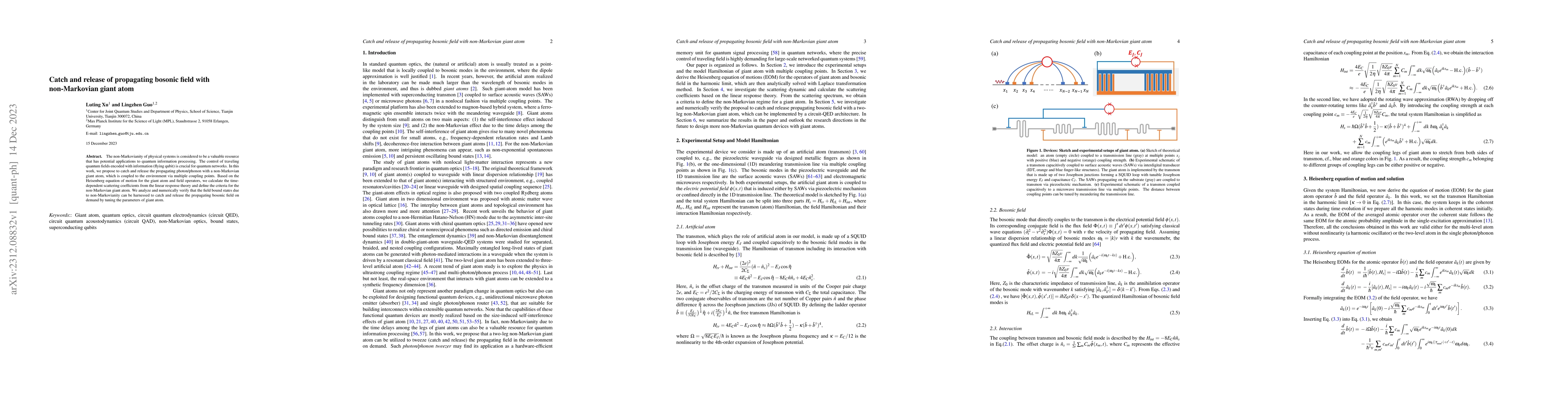 Thumbnail for Catch and release of propagating bosonic field with non-Markovian giant
  atom