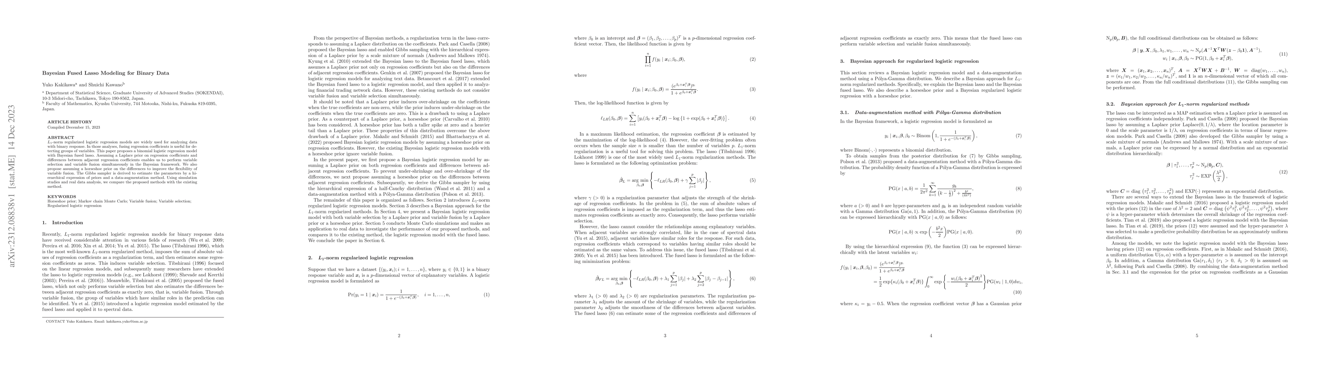 Thumbnail for Bayesian Fused Lasso Modeling for Binary Data