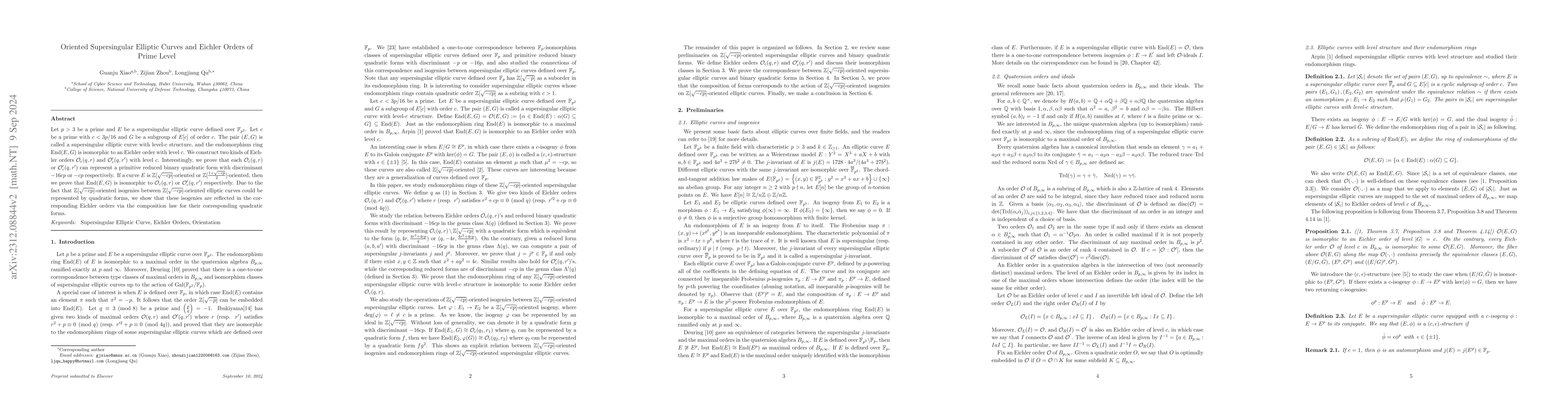 Thumbnail for Oriented Supersingular Elliptic Curves and Eichler Orders