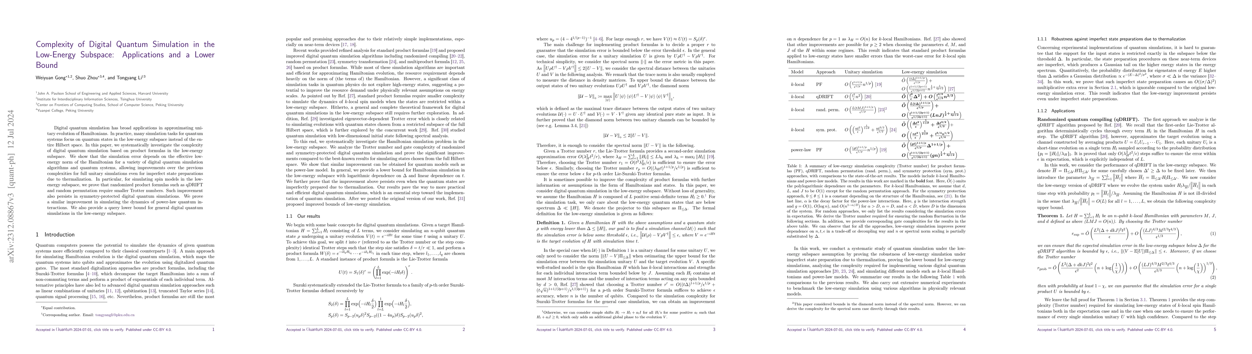 Thumbnail for Complexity of Digital Quantum Simulation in the Low-Energy Subspace:
  Applications and a Lower Bound