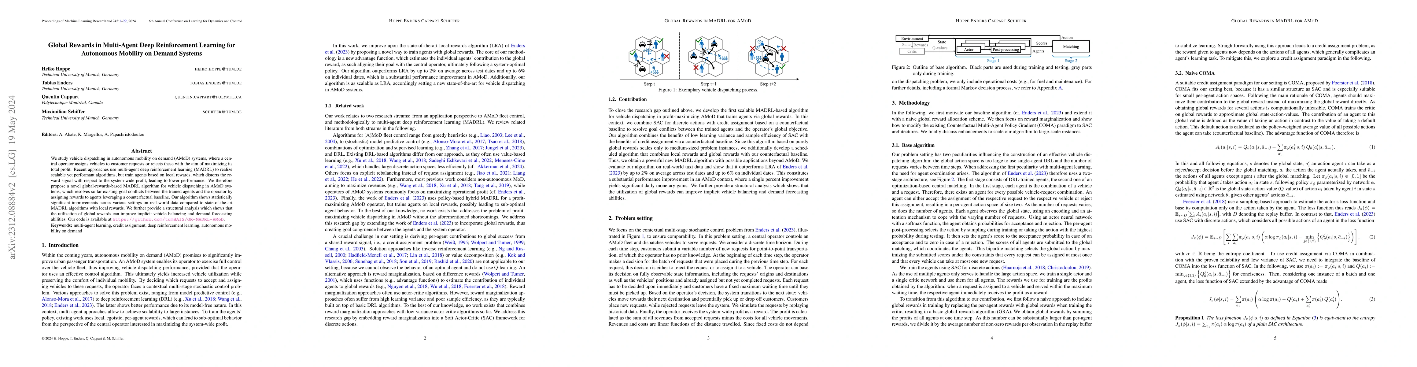 Thumbnail for Global Rewards in Multi-Agent Deep Reinforcement Learning for Autonomous
  Mobility on Demand Systems