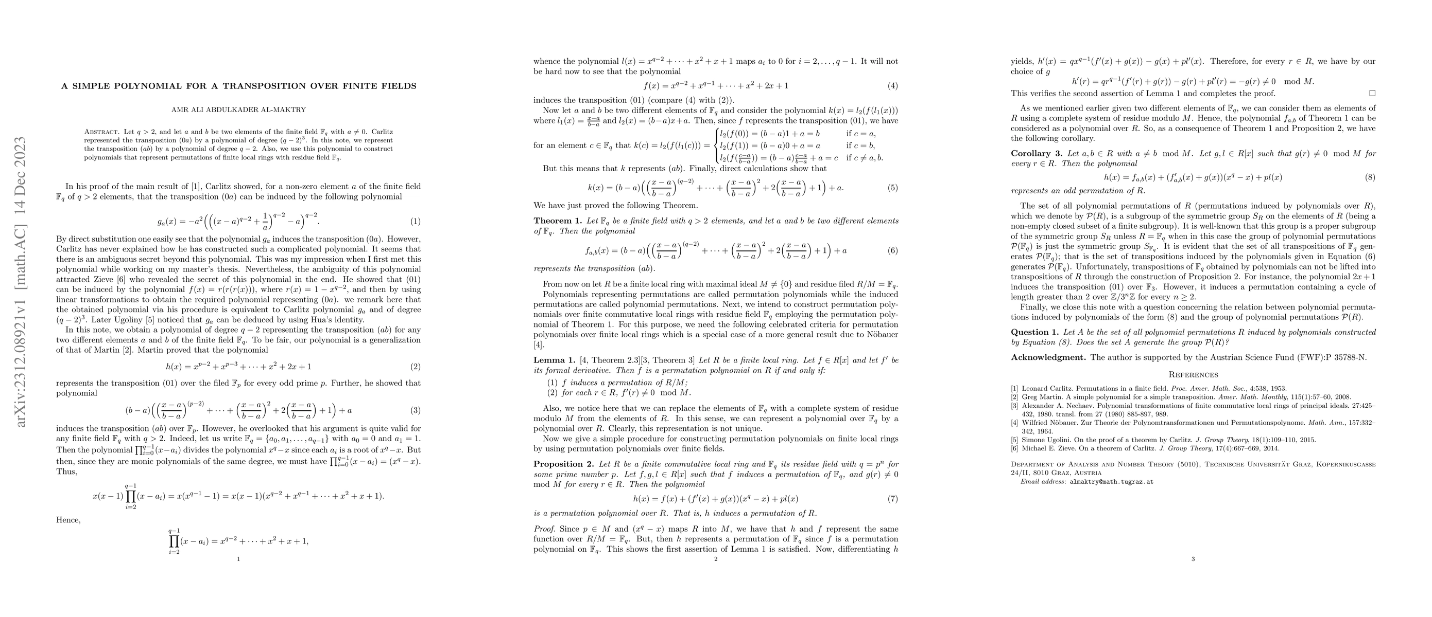 Thumbnail for A simple polynomial for a transposition over finite fields