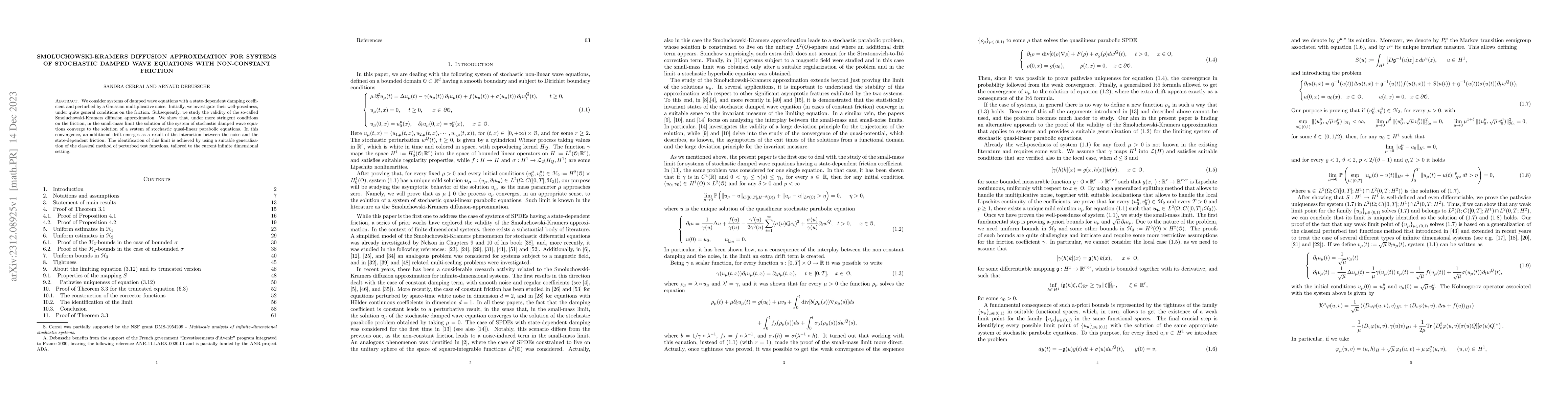 Thumbnail for Smoluchowski-Kramers diffusion approximation for systems of stochastic
  damped wave equations with non-constant friction