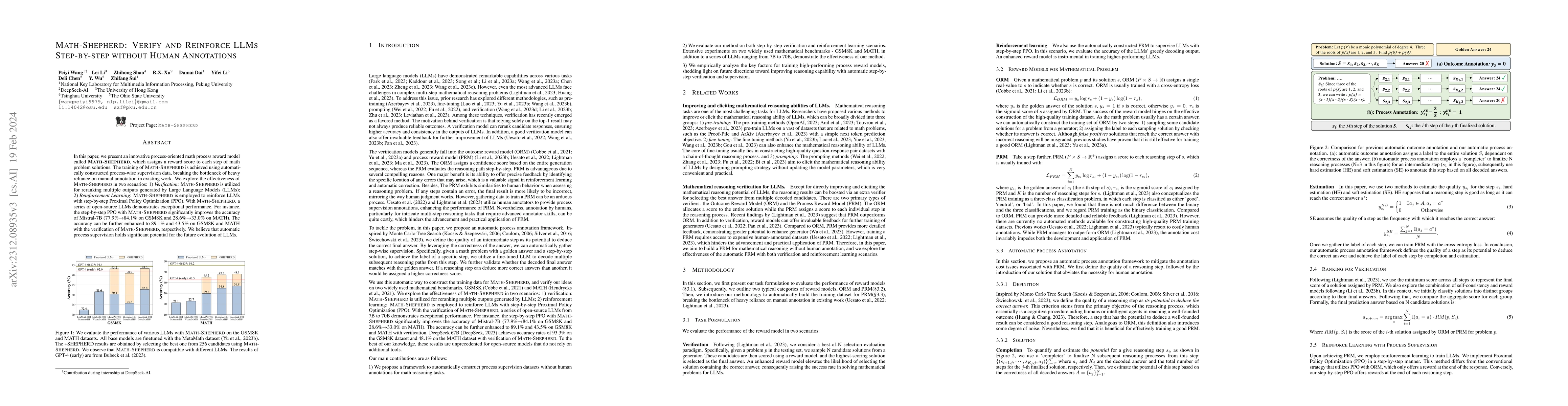 Thumbnail for Math-Shepherd: Verify and Reinforce LLMs Step-by-step without Human
  Annotations