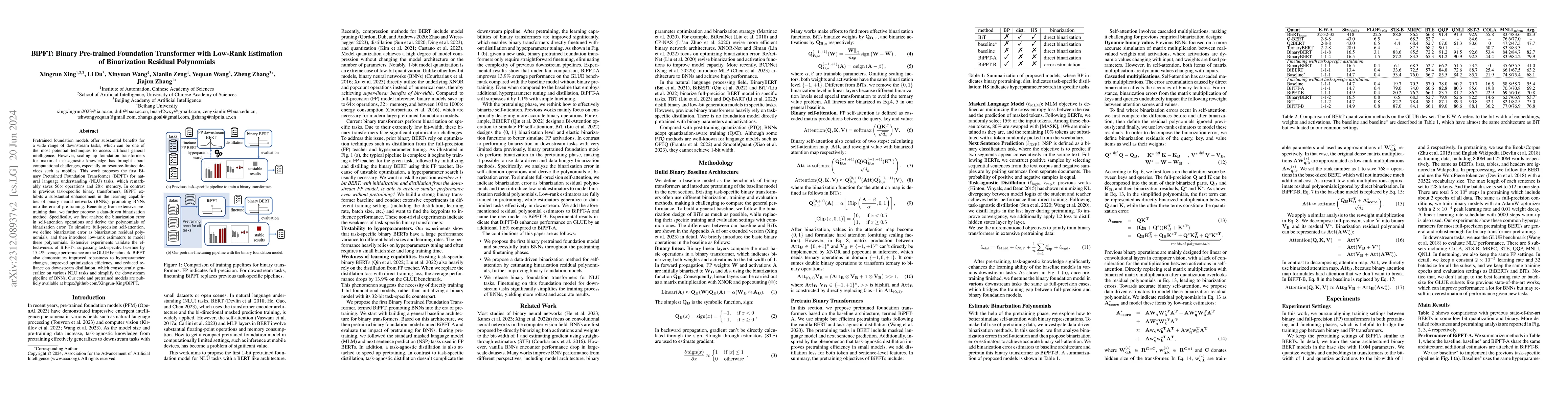 Thumbnail for BiPFT: Binary Pre-trained Foundation Transformer with Low-rank
  Estimation of Binarization Residual Polynomials