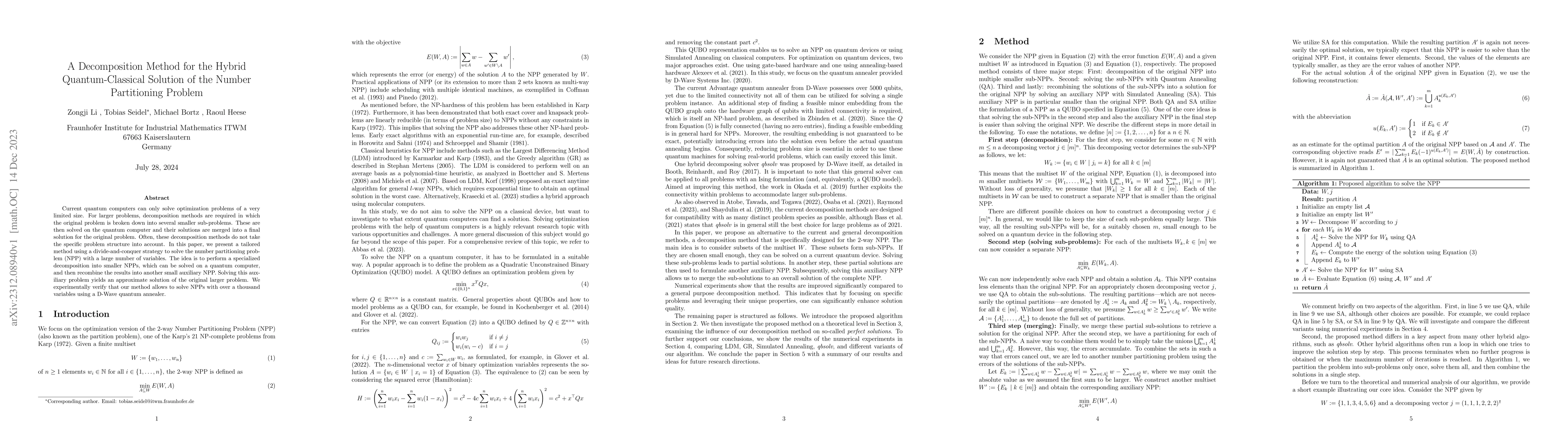 Thumbnail for A Decomposition Method for the Hybrid Quantum-Classical Solution of the
  Number Partitioning Problem
