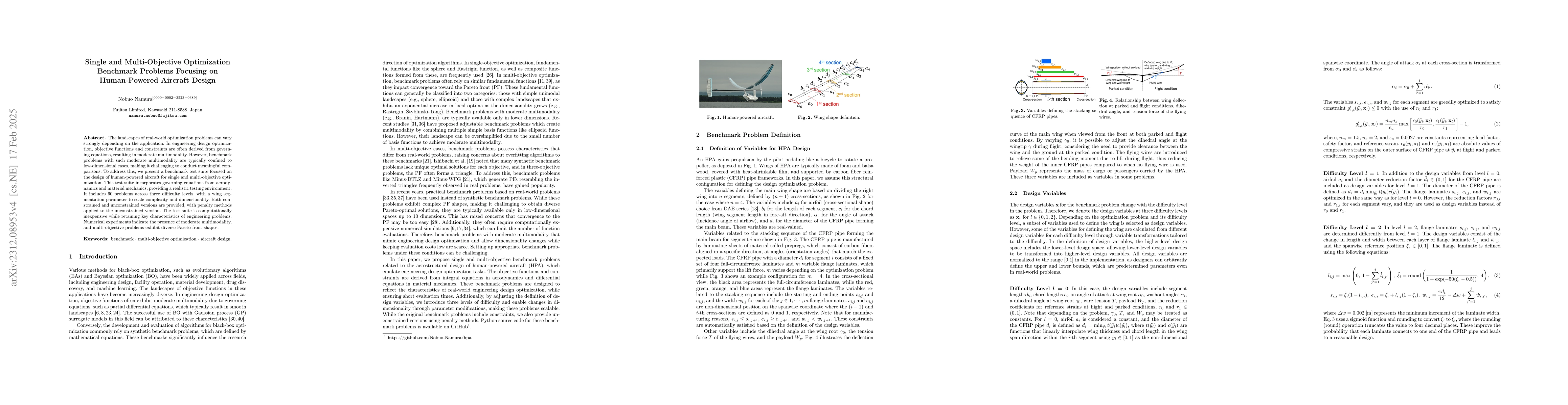 Thumbnail for Single and Multi-Objective Optimization Benchmark Problems Focusing on
  Human-Powered Aircraft Design