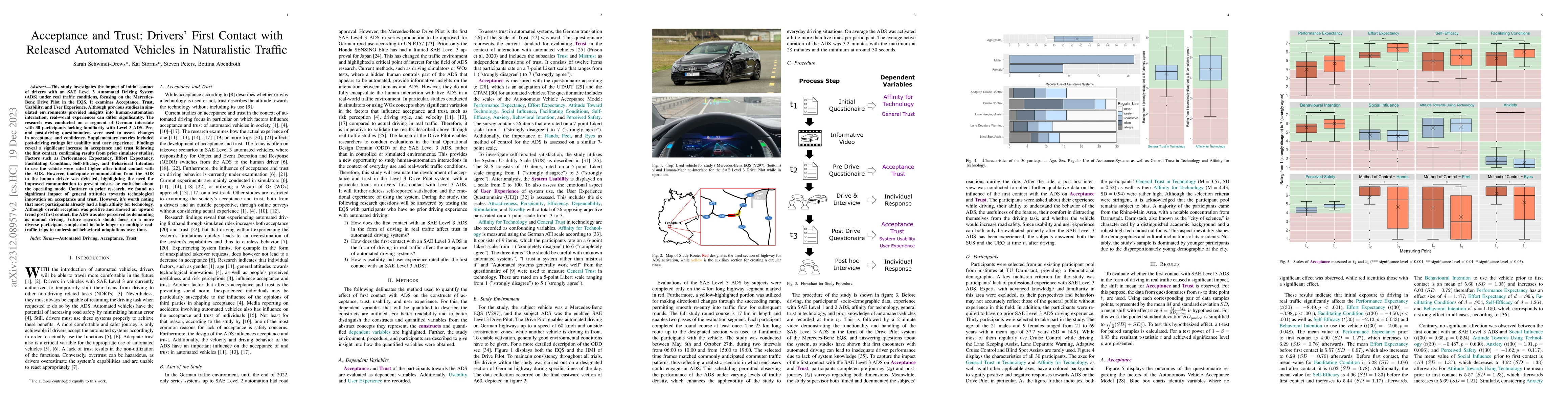 Thumbnail for Acceptance and Trust: Drivers' First Contact with Released Automated
  Vehicles in Naturalistic Traffic