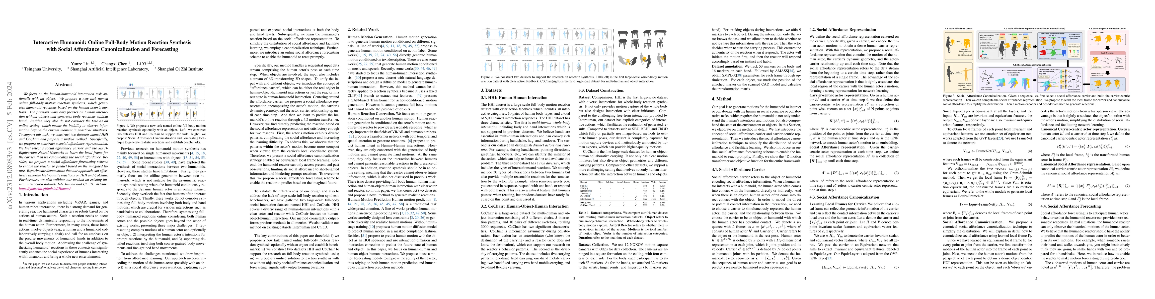 Thumbnail for Interactive Humanoid: Online Full-Body Motion Reaction Synthesis with
  Social Affordance Canonicalization and Forecasting