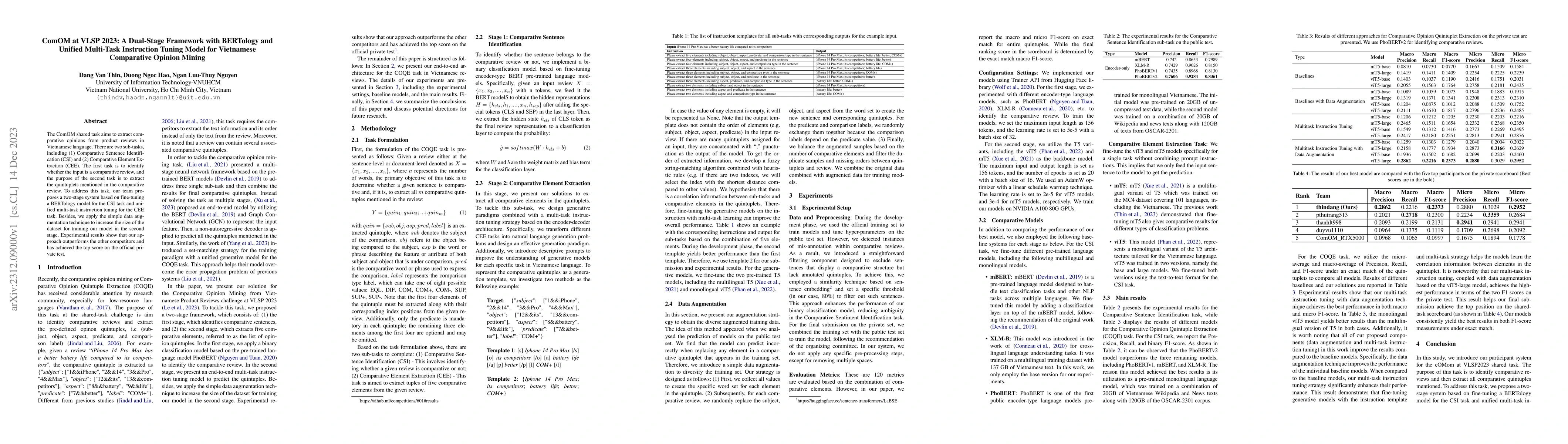 Thumbnail for ComOM at VLSP 2023: A Dual-Stage Framework with BERTology and Unified
  Multi-Task Instruction Tuning Model for Vietnamese Comparative Opinion Mining