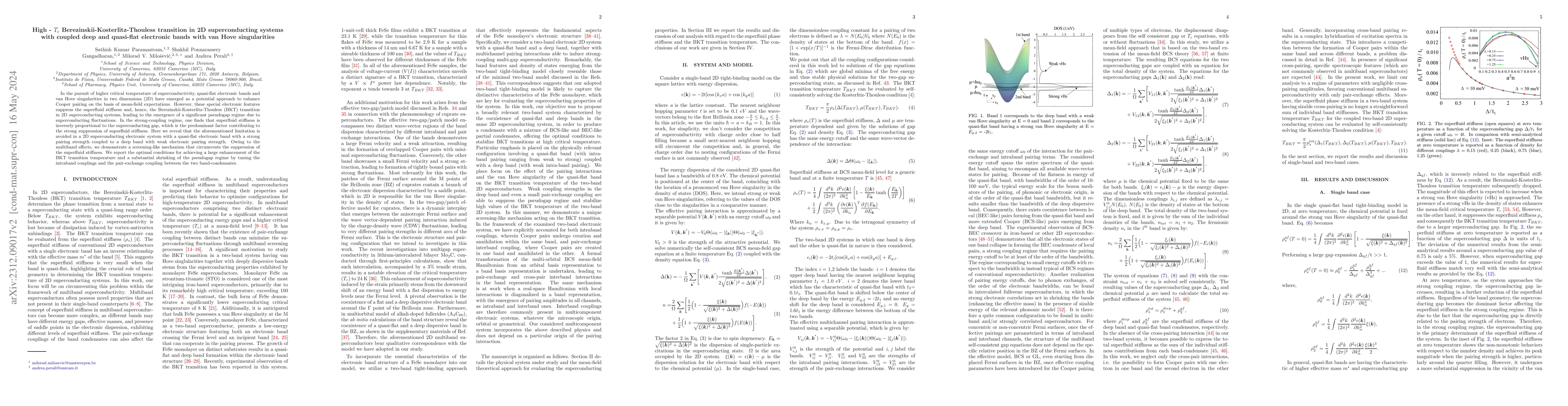 Thumbnail for High-$T_c$ Berezinskii-Kosterlitz-Thouless transition in 2D
  superconducting systems with coupled deep and quasi-flat electronic bands
  with van Hove singularities