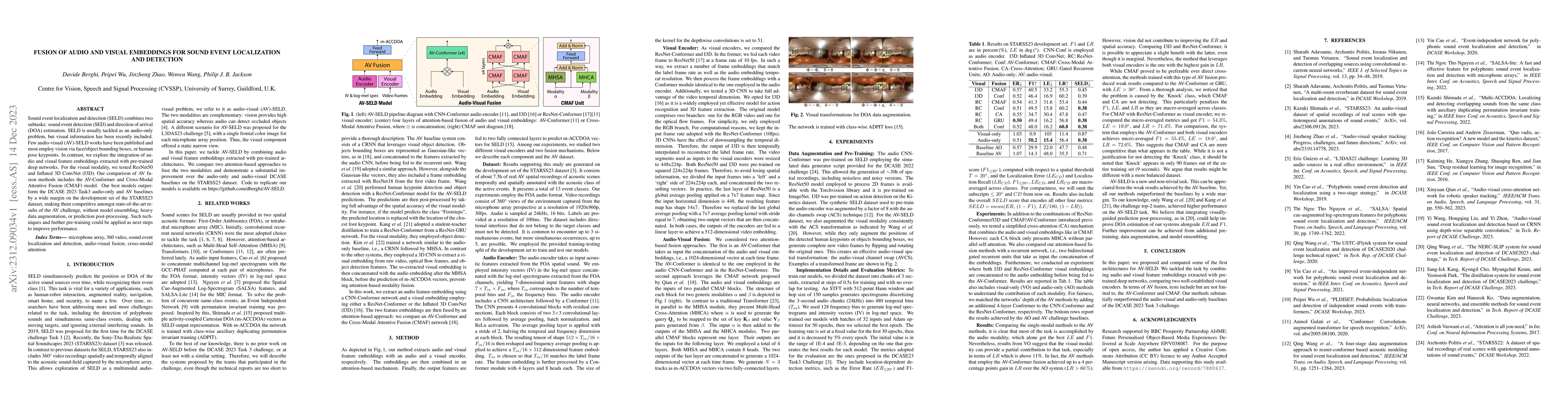 Thumbnail for Fusion of Audio and Visual Embeddings for Sound Event Localization and
  Detection