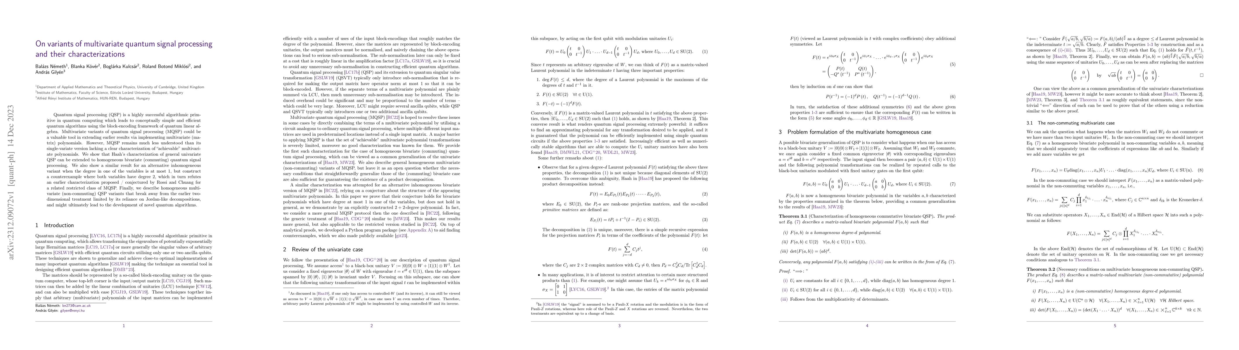 Thumbnail for On variants of multivariate quantum signal processing and their
  characterizations