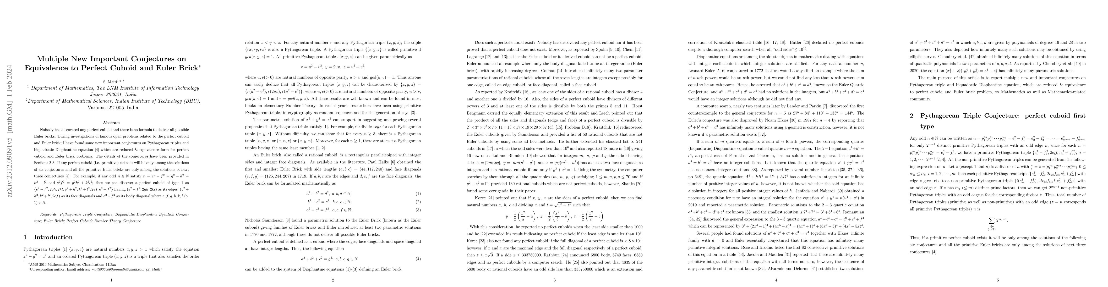 Thumbnail for Multiple New Important Conjectures on Equivalence to Perfect Cuboid and
  Euler Brick