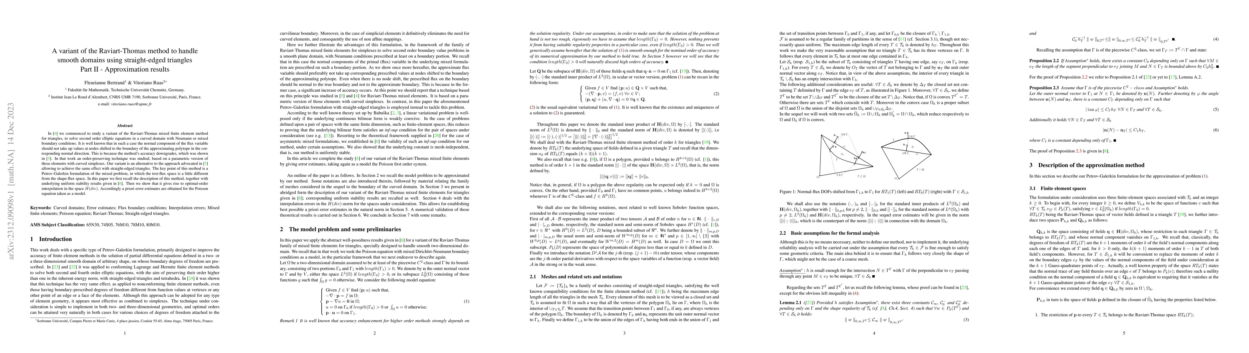 Thumbnail for A variant of the Raviart-Thomas method to handle smooth domains using
  straight-edged triangles. Part II -- Approximation results