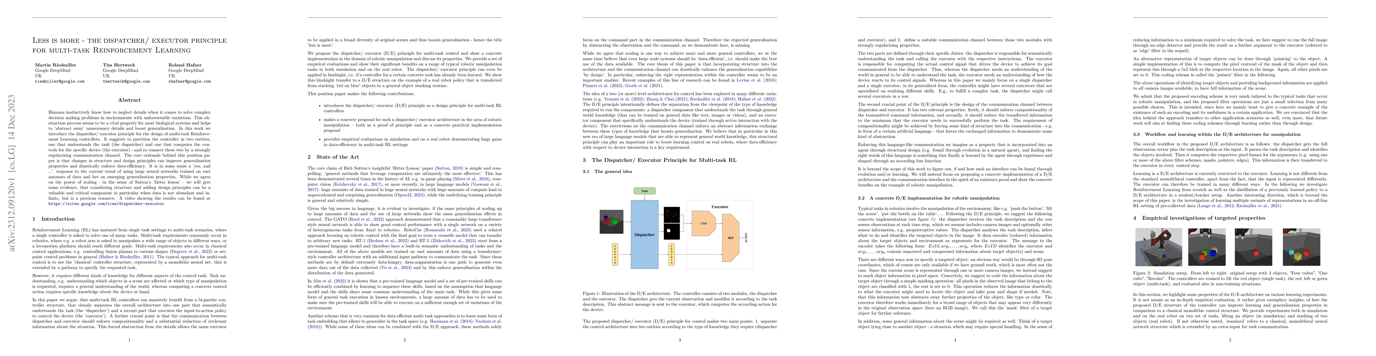 Thumbnail for Less is more -- the Dispatcher/ Executor principle for multi-task
  Reinforcement Learning