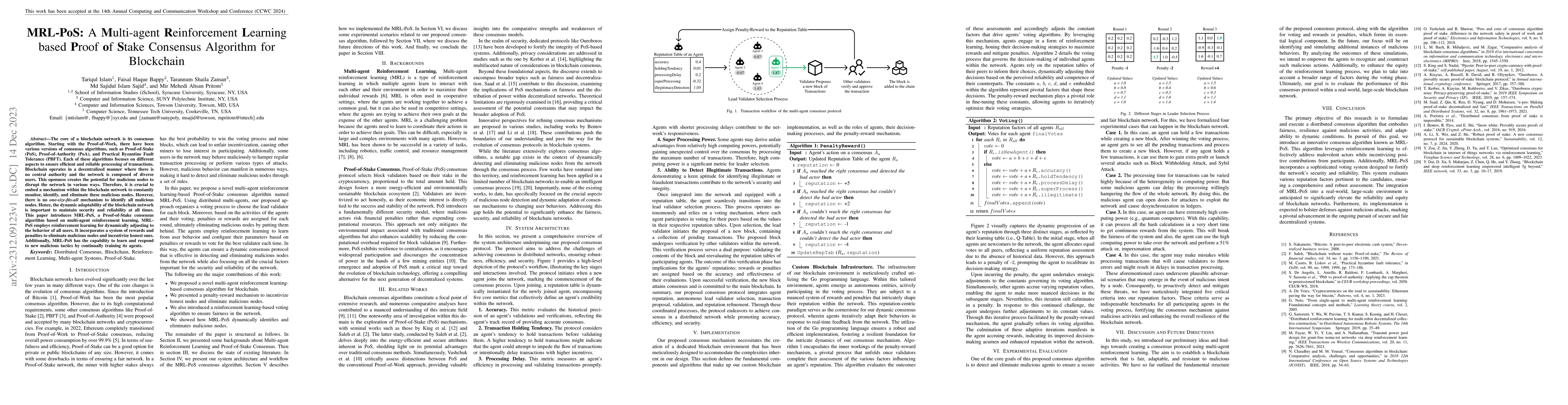 Thumbnail for MRL-PoS: A Multi-agent Reinforcement Learning based Proof of Stake
  Consensus Algorithm for Blockchain
