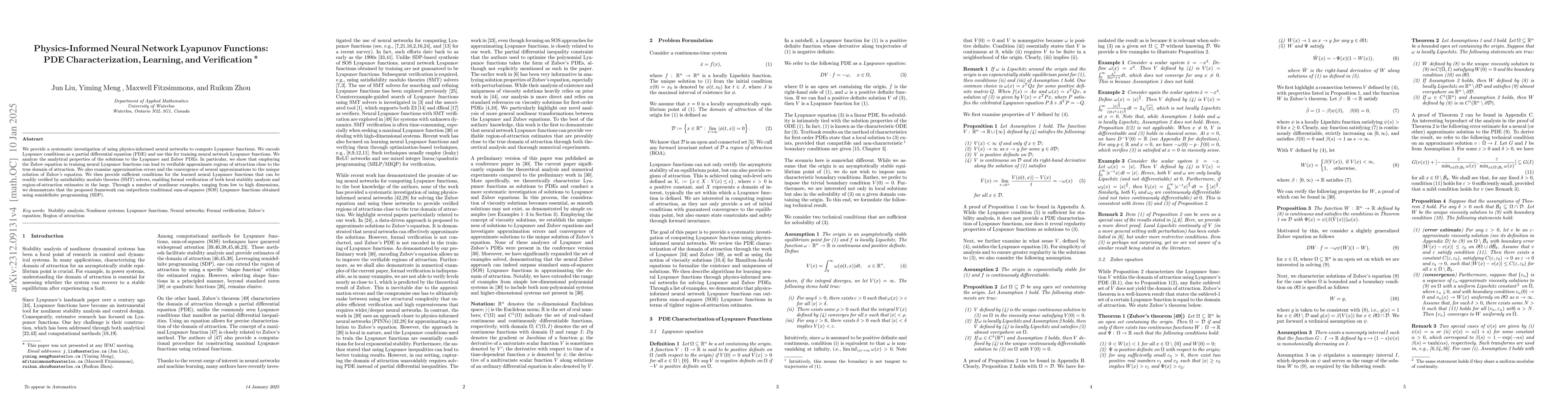 Thumbnail for Physics-Informed Neural Network Lyapunov Functions: PDE
  Characterization, Learning, and Verification