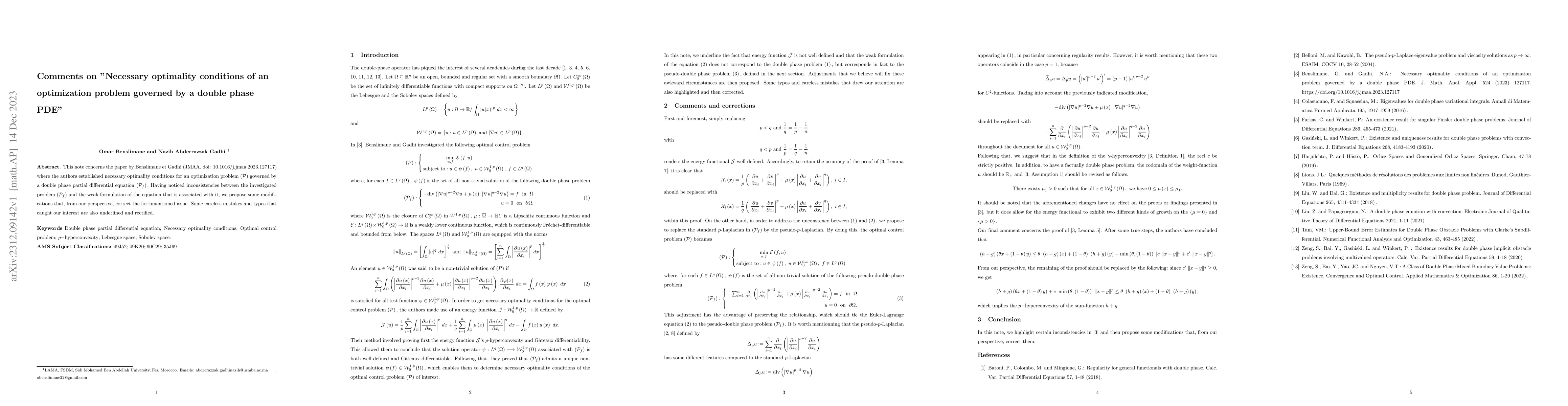 Thumbnail for Comments on "Necessary optimality conditions of an optimization problem
  governed by a double phase PDE"