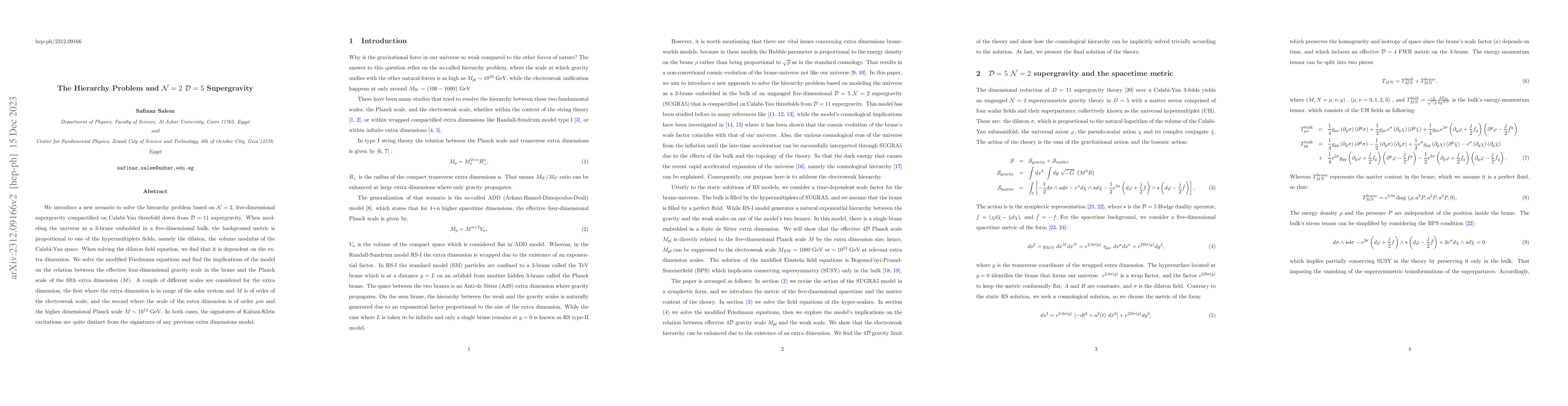 Thumbnail for The Hierarchy Problem and $\mathcal{N} =2$ $\mathcal{D} = 5$
  Supergravity
