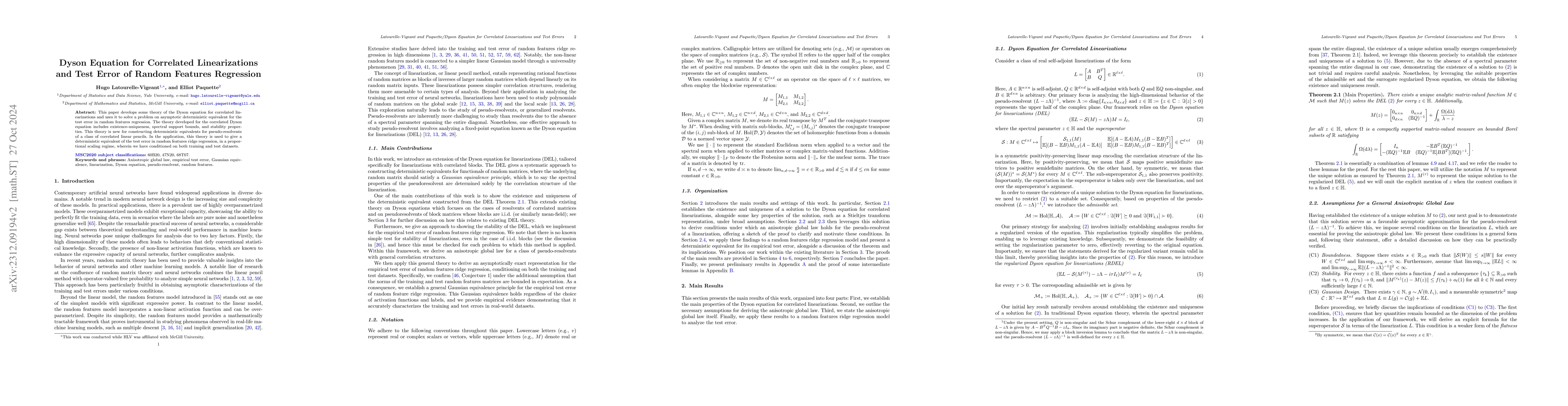 Thumbnail for Matrix Dyson equation for correlated linearizations and test error of
  random features regression