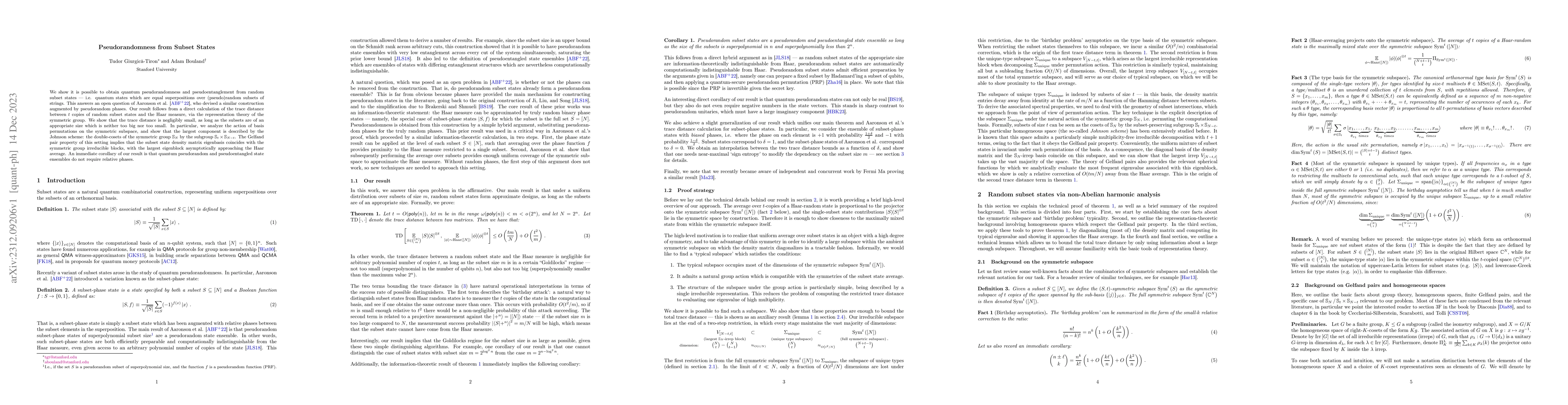 Thumbnail for Pseudorandomness from Subset States