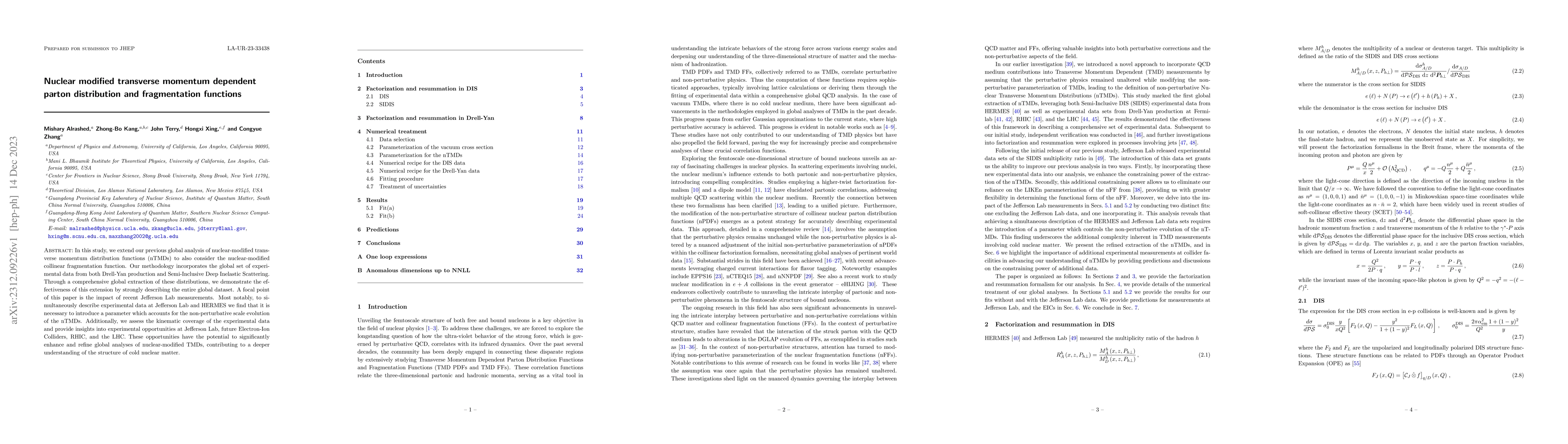 Thumbnail for Nuclear modified transverse momentum dependent parton distribution and
  fragmentation functions