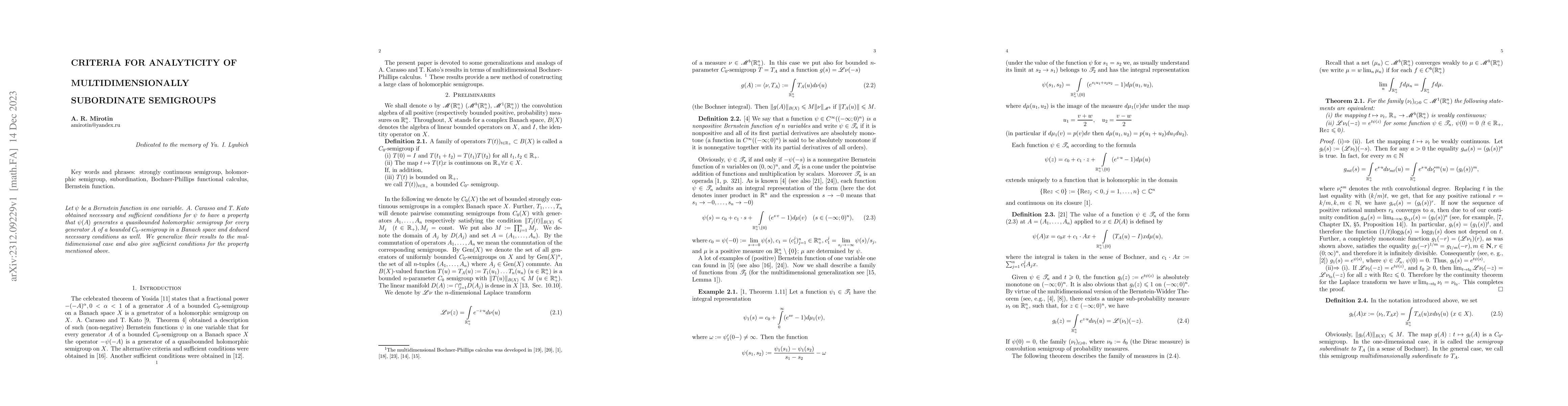 Thumbnail for Criteria for Analyticity of Multidimensionally Subordinate Semigroups