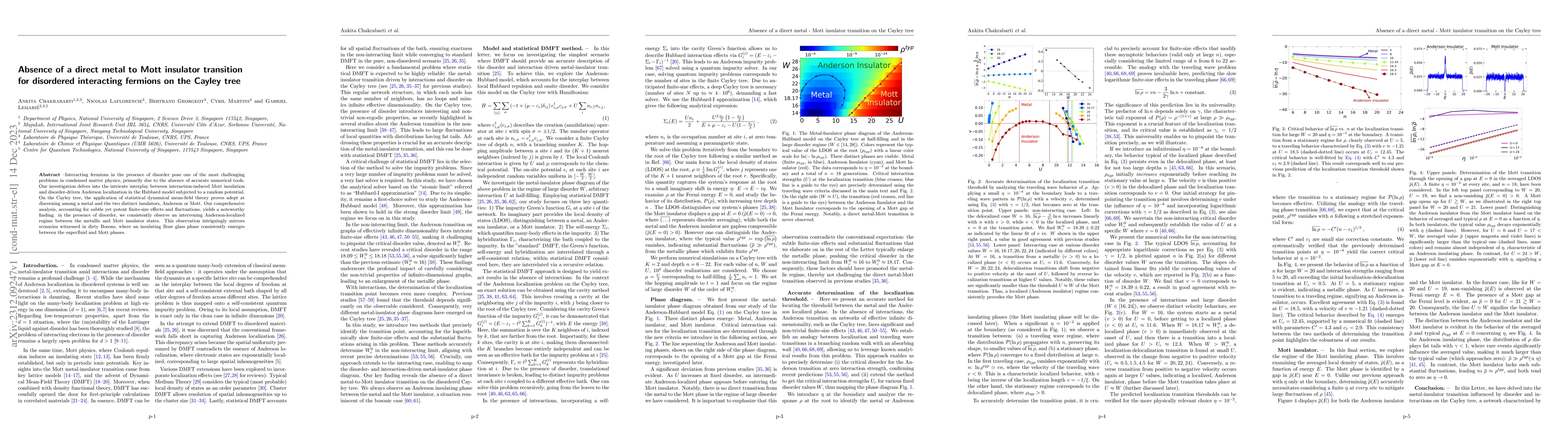 Thumbnail for Absence of a direct metal to Mott insulator transition for disordered
  interacting fermions on the Cayley tree