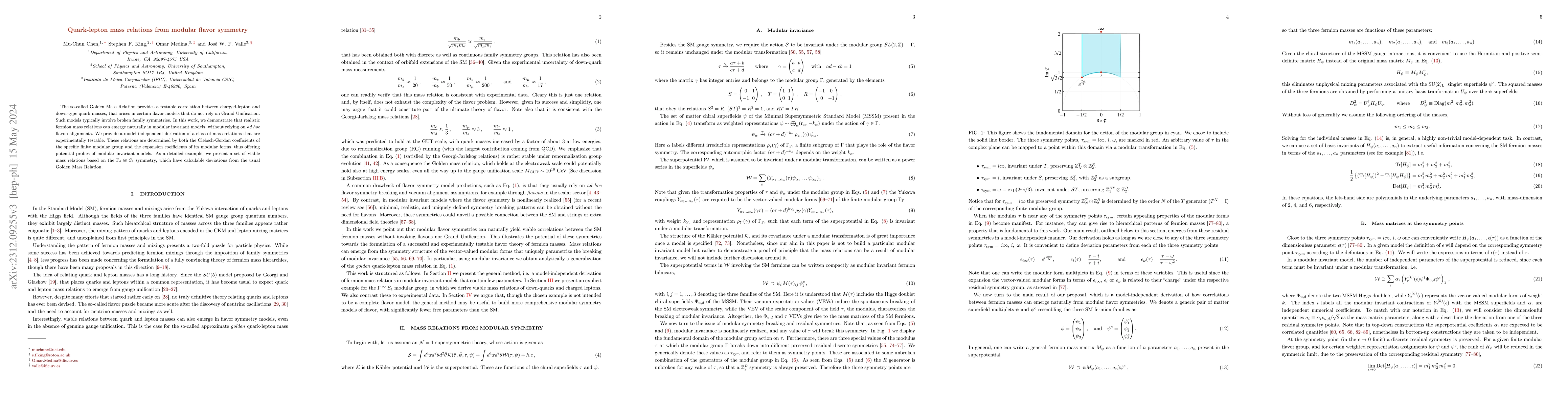 Thumbnail for Quark-lepton mass relations from modular flavor symmetry