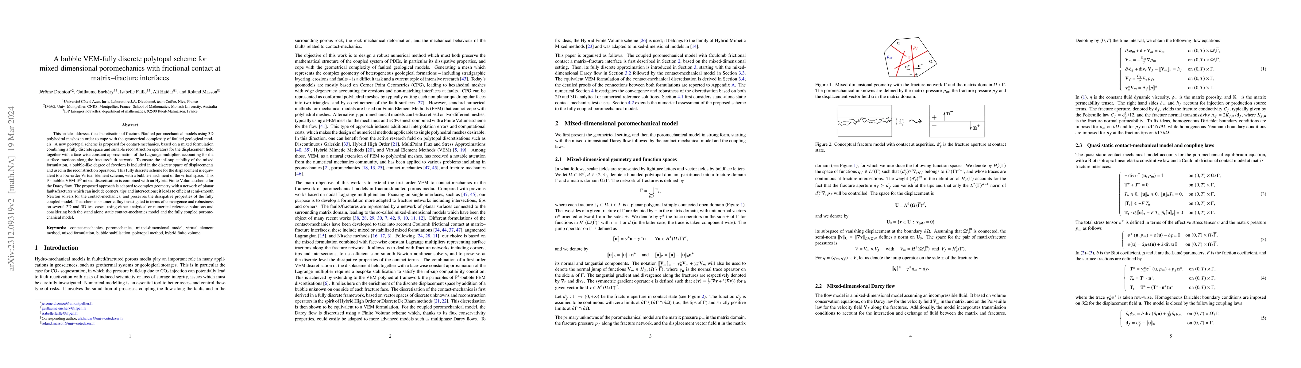 Thumbnail for A bubble VEM-fully discrete polytopal scheme for mixed-dimensional
  poromechanics with frictional contact at matrix fracture interfaces