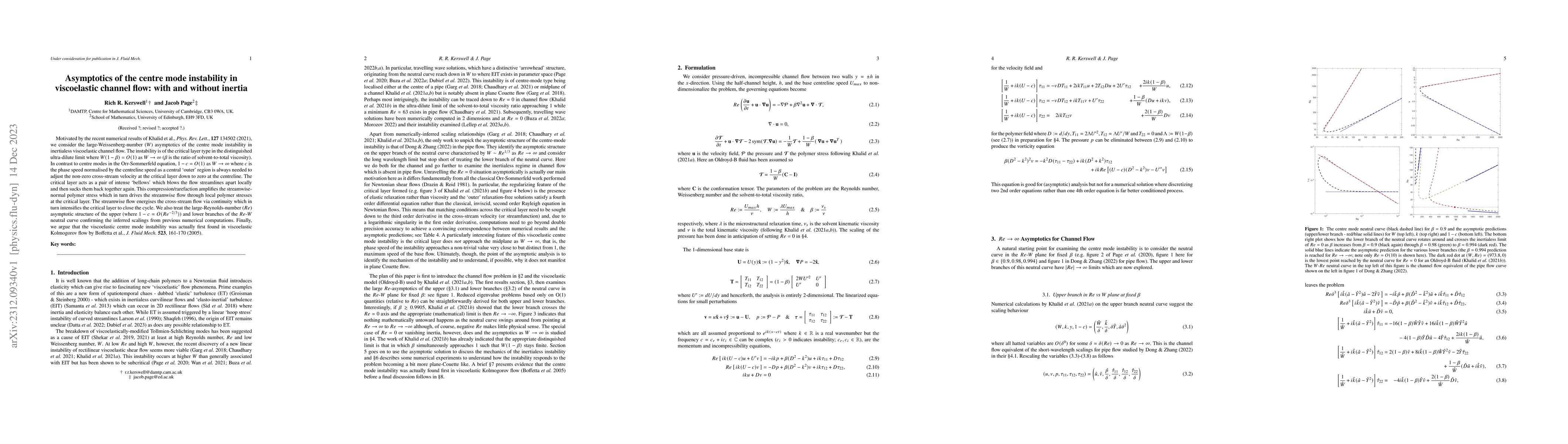 Thumbnail for Asymptotics of the centre mode instability in viscoelastic channel flow:
  with and without inertia