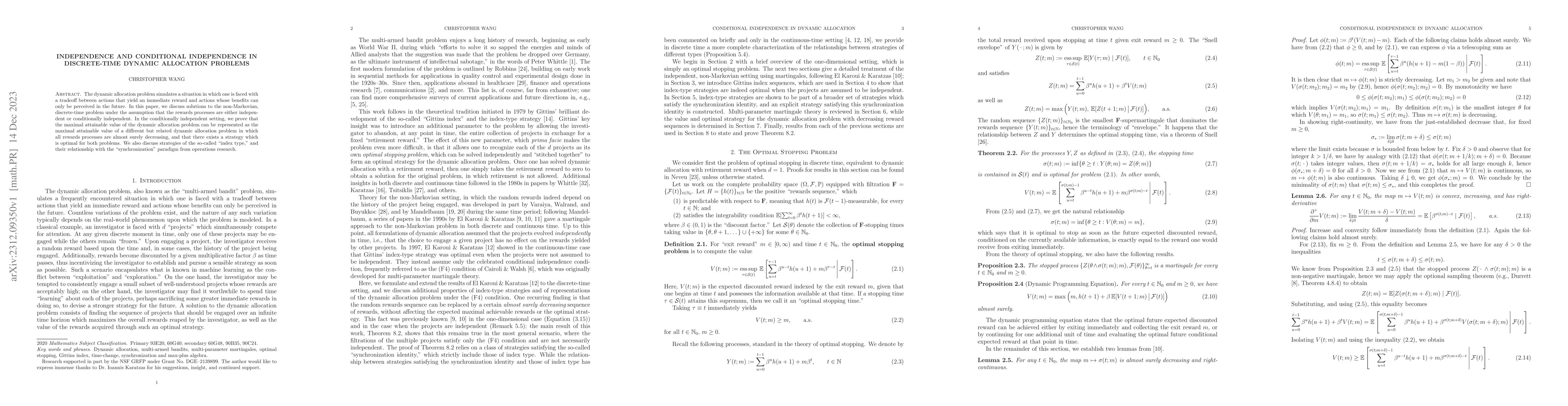 Thumbnail for Independence and conditional independence in discrete-time dynamic
  allocation problems