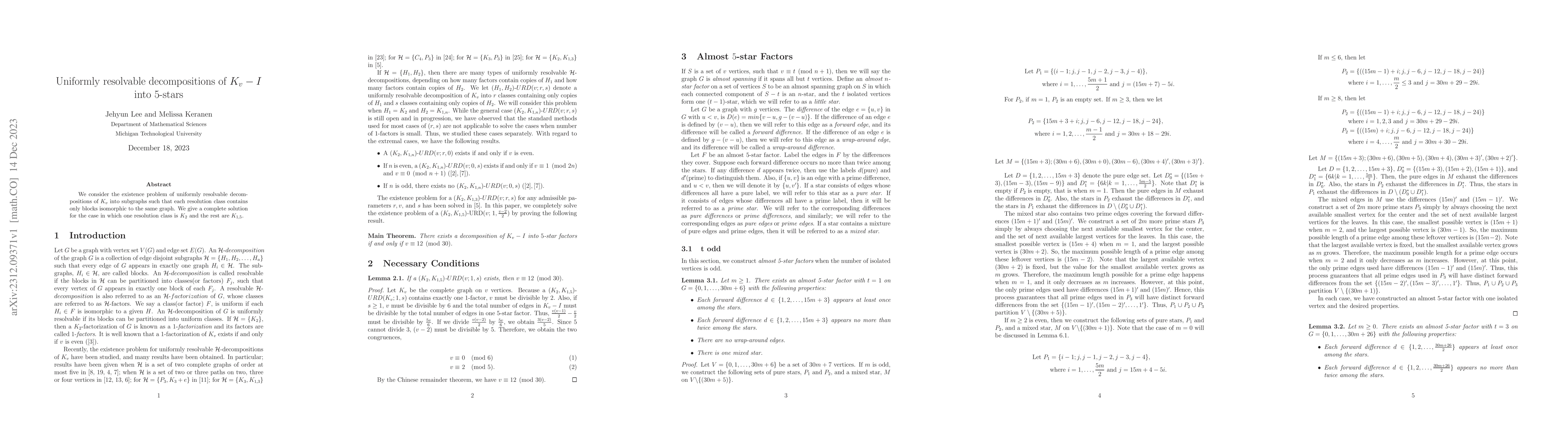 Thumbnail for Uniformly resolvable decompositions of $K_v-I$ into $5$-stars