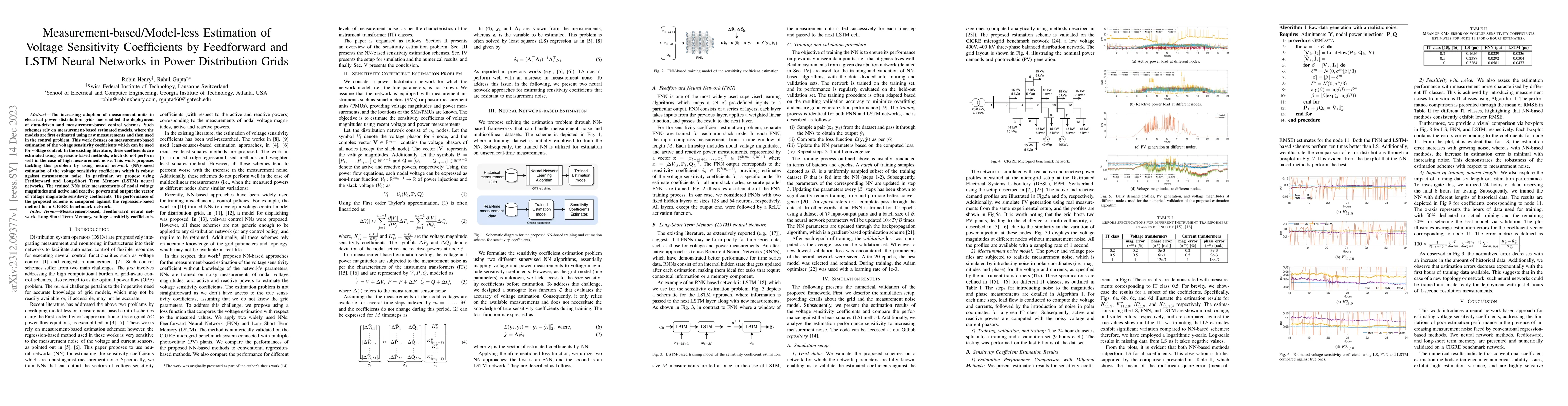 Thumbnail for Measurement-based/Model-less Estimation of Voltage Sensitivity
  Coefficients by Feedforward and LSTM Neural Networks in Power Distribution
  Grids