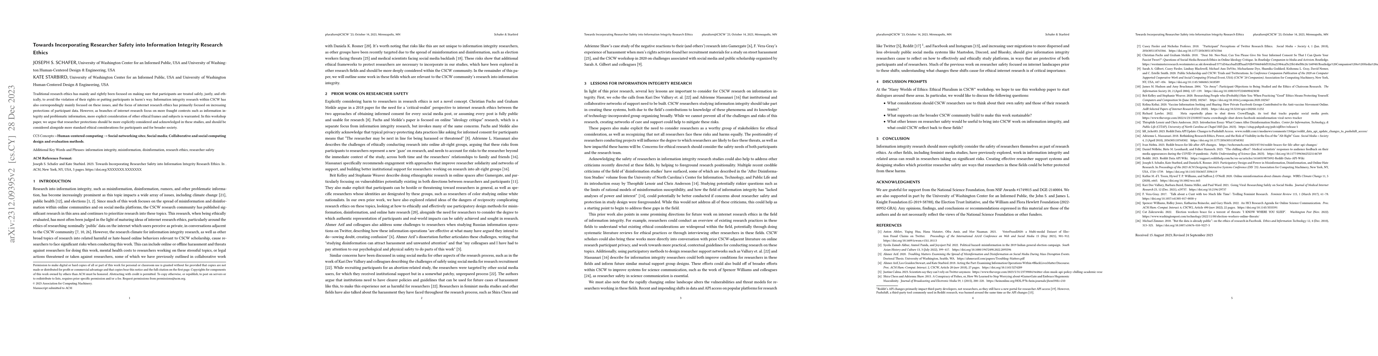 Thumbnail for Towards Incorporating Researcher Safety into Information Integrity
  Research Ethics