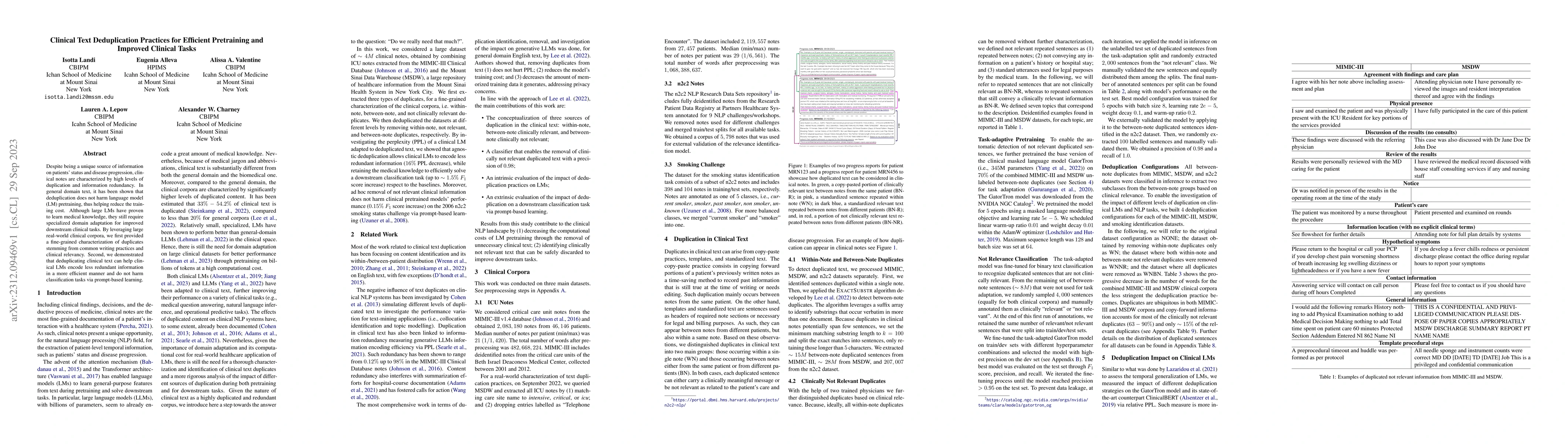 Thumbnail for Clinical Text Deduplication Practices for Efficient Pretraining and
  Improved Clinical Tasks