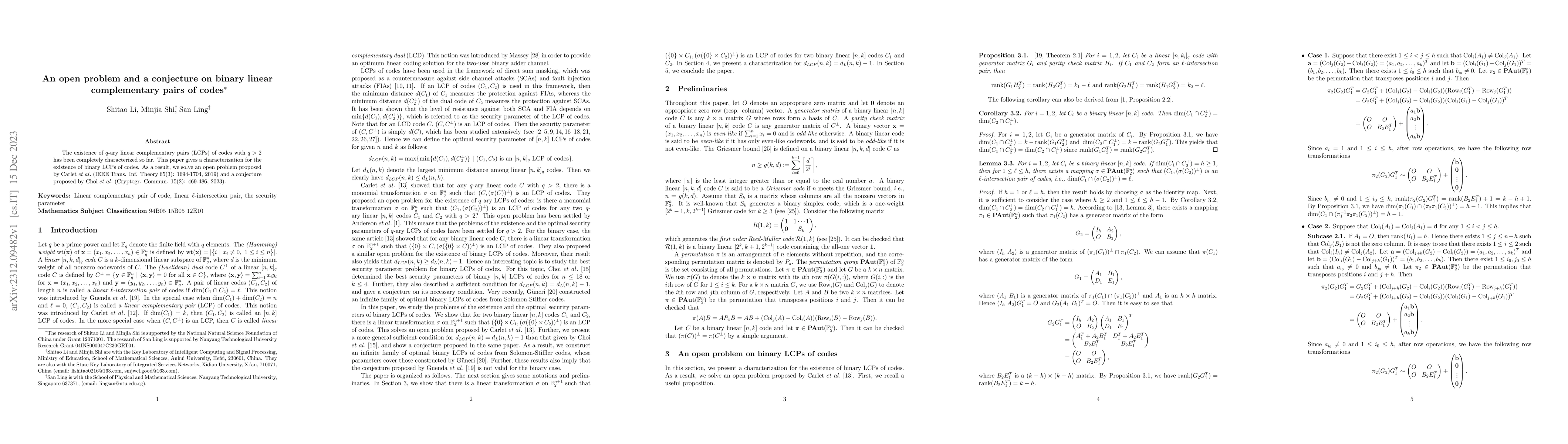 Thumbnail for An open problem and a conjecture on binary linear complementary pairs of
  codes