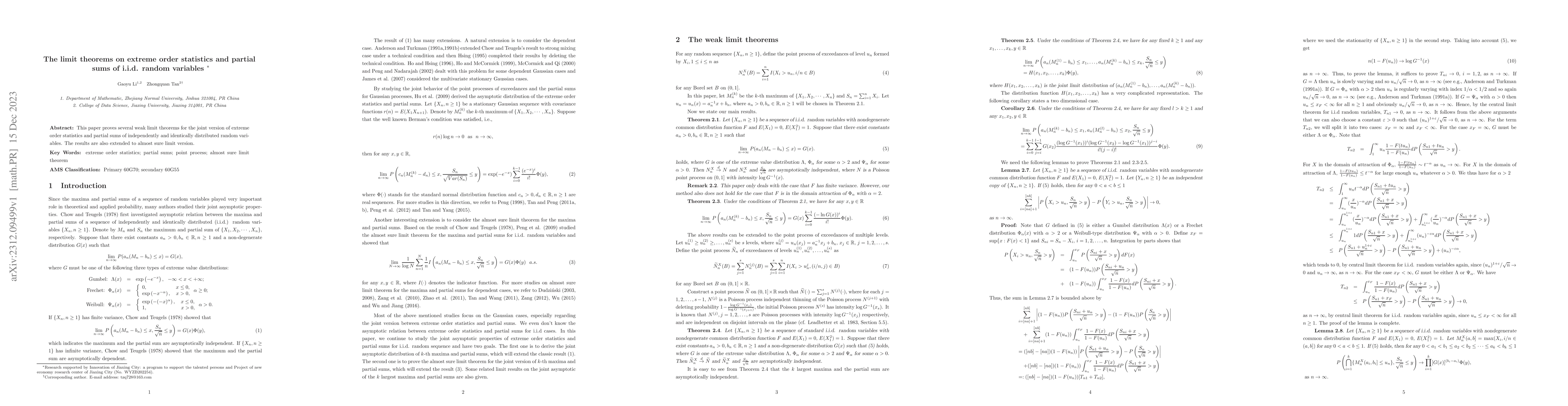 Thumbnail for The limit theorems on extreme order statistics and partial sums of
  i.i.d. random variables
